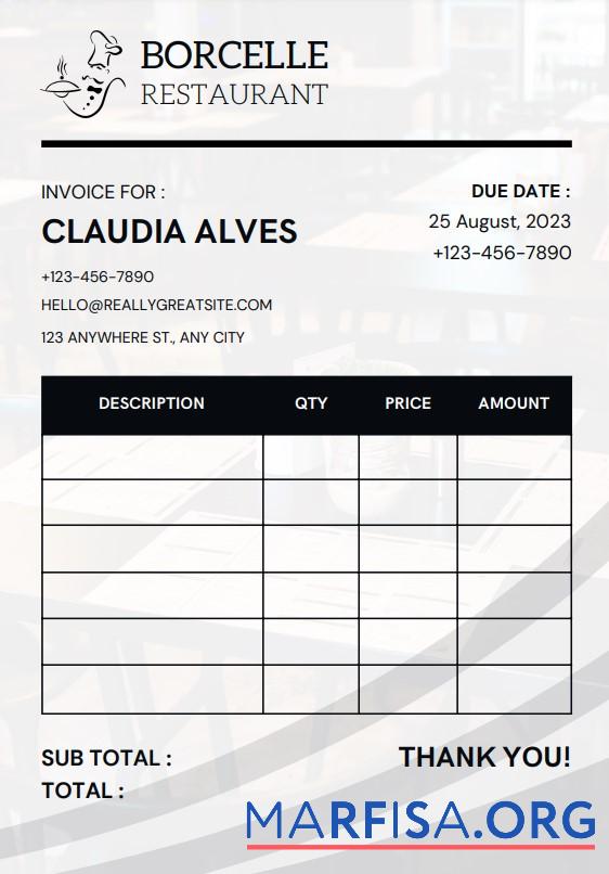 Blank Restaurant Invoice Template